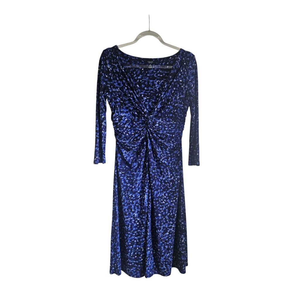Chaps Dress Size M Blue Geometric Twisted Front Side Ruching 3/4 Sleeve Stretch